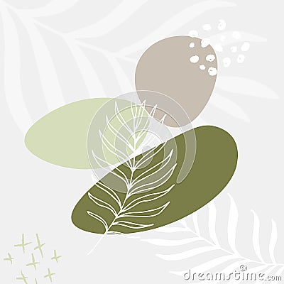 Cute vector abstract background with blots, dots and silhouettes of tropical palm leaves Vector Illustration