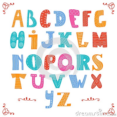 Cute vector alphabet on white background. Hand drawn le Vector Illustration