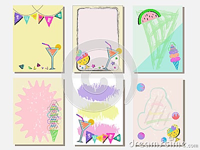 Cute vector card set of ice creams and sweets. Vintage cards with patterns and ornaments. Hand drawn card set for menus, brochures Cartoon Illustration