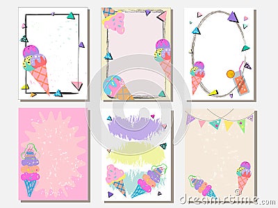Cute vector card set of ice creams. Vintage cards with patterns and ornaments. Hand drawn card set for menus and brochures Vector Illustration