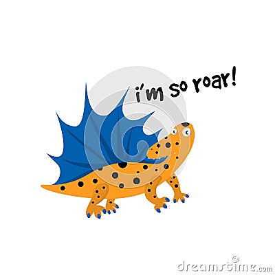 Cute vector cartoon illustration of dinosaur. Dimetrodon, InscriptionI am so roar. Vector Illustration