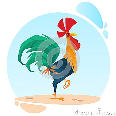 Cute vector cartoon rooster mascot. Illustration of a colorful rooster standing on one leg. Vector Illustration