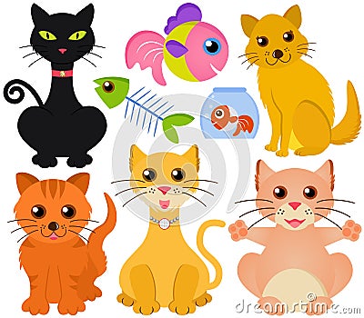 Cute vector collection of cat and fish isolated on Stock Photo