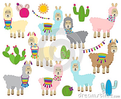 Cute Vector Collection of Llamas, Vicunas and Alpacas Vector Illustration