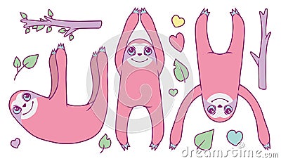 Cute vector collection set with happy hanging cartoon pastel pink Sloth animals with leaves, tree branches and hearts Cartoon Illustration
