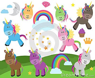 Cute Vector Collection of Unicorns or Horses Vector Illustration