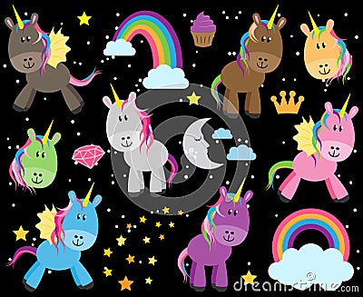 Cute Vector Collection of Unicorns or Horses Vector Illustration