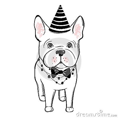 Cute vector dog in winter clothes. Fashion French bulldog puppy. Vector Illustration