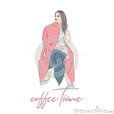 Cute vector drawing of girl with coffee mug. Trendy outfit : coat, skirt, blouse, hairstyle. Casual look fashion illustration. Adv Vector Illustration