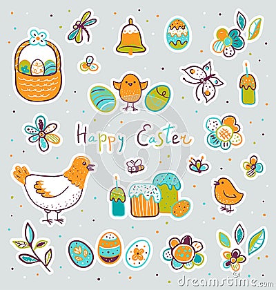 Cute vector Easter stickers icon set Vector Illustration