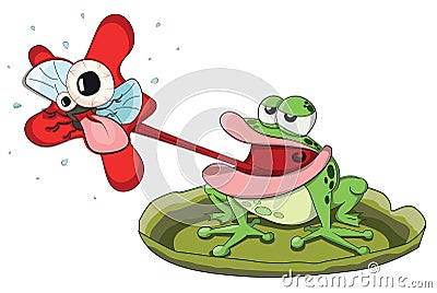 Cute vector frog hunting and eating midge Vector Illustration