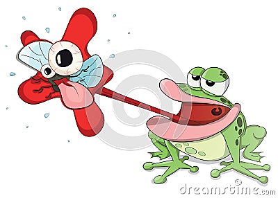 Cute vector frog hunting and eating midge Vector Illustration