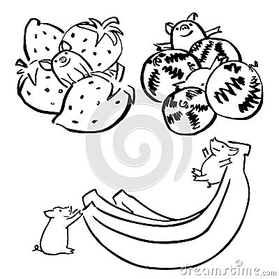 Cute vector funny set pigs with fruit Stock Photo