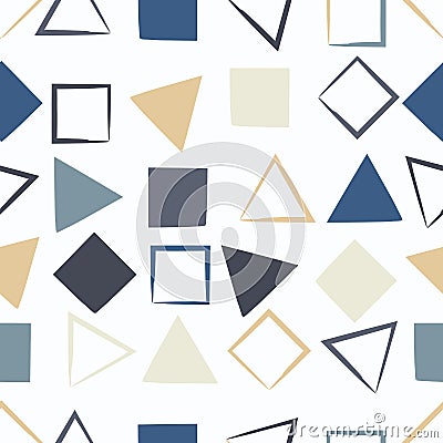 Cute vector geometric seamless pattern. Brush strokes, triangles and squares. Hand drawn grunge texture. Abstract forms Vector Illustration