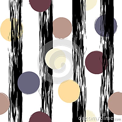 Cute vector geometric seamless pattern . Polka dots and stripes. Brush strokes. Hand drawn grunge texture. Abstract Vector Illustration