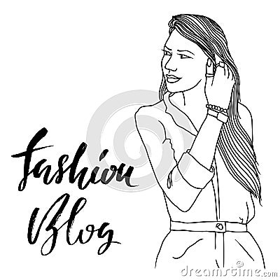 Cute vector girl illustration. Woman with long hair. Fashion blog modern brush lettering. Black and white sketch. Vector Illustration