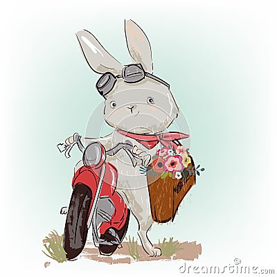 Cute hare on motobike with floral gift Vector Illustration