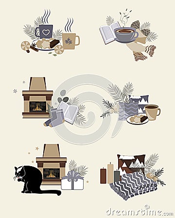 Cute vector illustration of autumn and winter hygge elements compositions isolated on white background. Templates for Vector Illustration