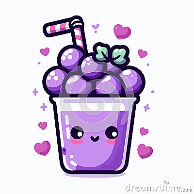 Cute vector illustration of a blueberry milkshake in a cup and hearts, kawaii food icon, generative ai Cartoon Illustration