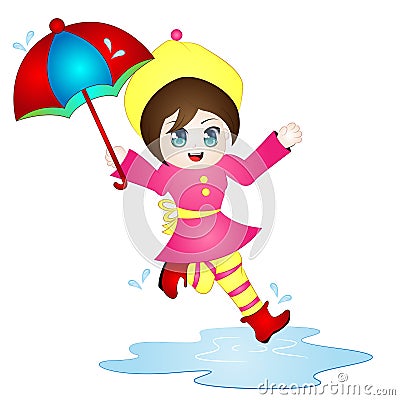 Vector Cartoon girl Jumping in puddle Vector Illustration