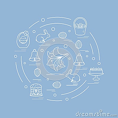 Cute vector illustration with different symbols for Easter arranged in a circle. Including icons of simnel cake, lily, baskets, e Vector Illustration