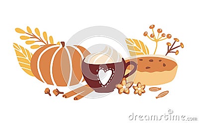 Cute vector illustration Fall season with doodle objects on white background. Vector Illustration