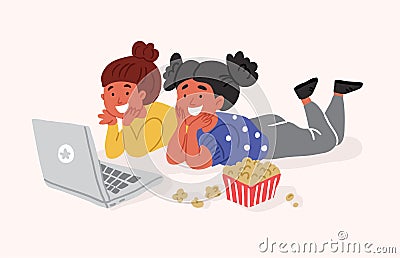 Girls friends watching movie with popcorn, laptop Vector Illustration