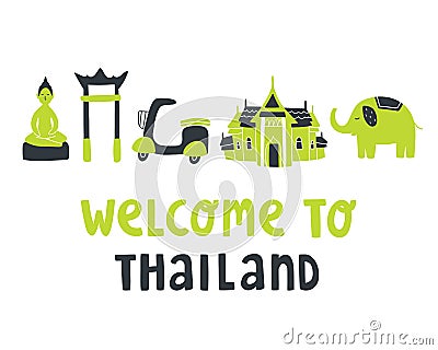 Thailand attractions and text lettering `Welcome to Thailand` Vector Illustration