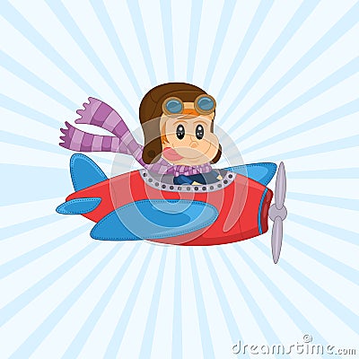 Cute Vector Illustration of a vintage plane with a funny little pilot. Cheerful boy flying in airplane Vector Illustration