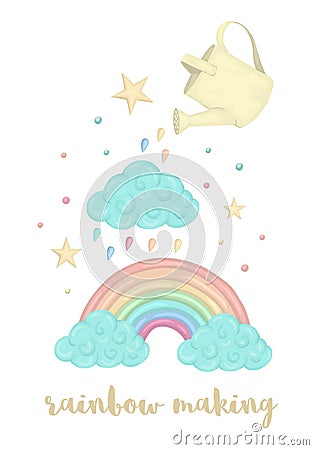 Cute vector illustration of watercolor style rainbow making process with cloud, watering can, stars isolated on white background. Vector Illustration