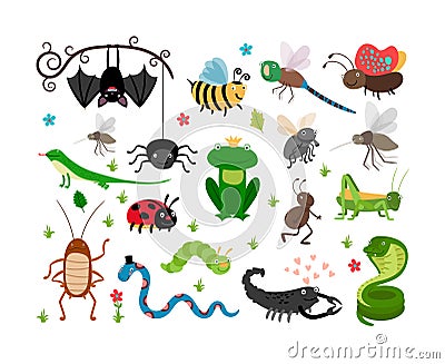 Cute vector insects, reptiles. Bee, grasshopper, lizard and snake Vector Illustration
