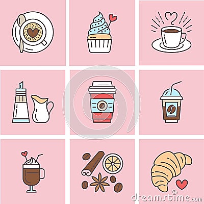 Cute vector line icons of coffee. Elements espresso cup, milk, sugar, croissant, hot drinks, cupcake, latte, cinnamon Vector Illustration