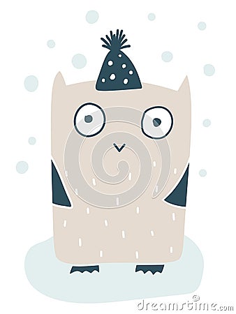 Cute vector little owl in wintercap. Handdrawn doodle sketch illustration in Scandinavian style Vector Illustration