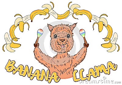 Cute vector Llama with maracas and bananas funny cartoon illustration Vector Illustration