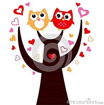 Cute vector love Owls on tree Vector Illustration