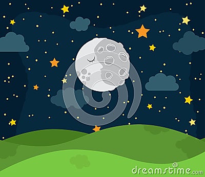 Cute Vector Nighttime Landscape with Stars and Clouds Vector Illustration