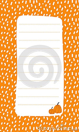 Cute vector note list template for kids. Memo card on orange background with pumpkins in hand drawn cartoon style Vector Illustration