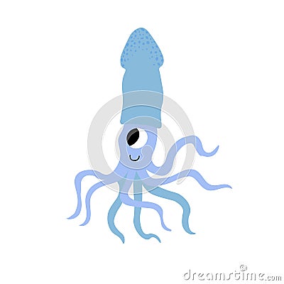 Cute vector ocean illustration with squid.Underwater cartoon creatures.Marine animals.Cute childrens design for fabric Vector Illustration
