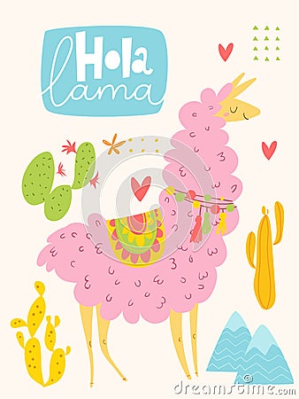 Vector poster or card with cute cartoon lama and cacti Vector Illustration