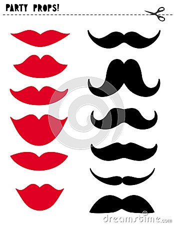 Printable Photo Booth Vector Props Set. Red Lips and Black Moustache. DIY. Vector Illustration