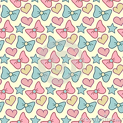 Cute vector seamless pattern with bows, hearts and stars. Retro girlish hand drawn background. Vector Illustration