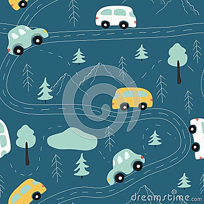 Cute vector seamless pattern with childrens drawing - road with cars, mountains, trees. Vector Illustration