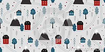 Cute vector seamless pattern with childrens drawing - road, hoses, mountains, trees. Vector Illustration