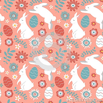 cute vector seamless pattern on Easter theme with hand drawn rabbits, flowers and colored eggs. Vector Illustration
