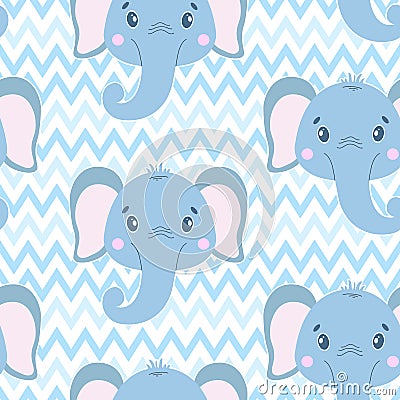 Cute vector seamless pattern with elephant face. On white zigzag background. Cartoon illustrration. Stock Photo