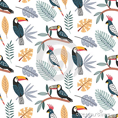 Cute vector seamless pattern with exotic birds, parrot, toucan and tropical plants. Vector Illustration