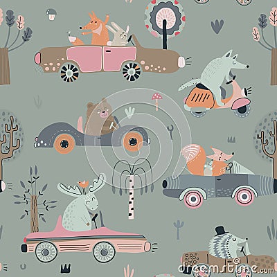 Cute vector seamless pattern with funny forest animals on cars Vector Illustration
