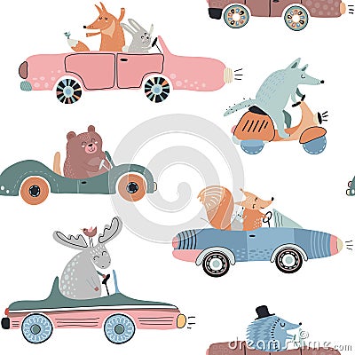 Cute vector seamless pattern with funny forest animals on cars Vector Illustration