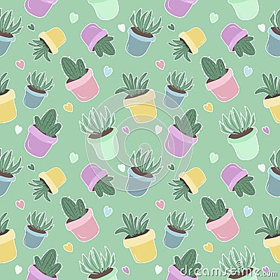 Cute vector seamless pattern with houseplants, cactuses in pots and hearts on green background Vector Illustration