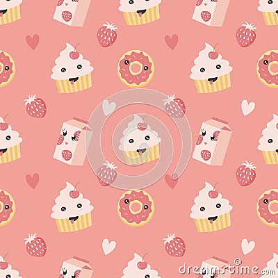 Cute vector seamless pattern with kawaii sweets - cupcakes, milkshakes, donuts. pattern in pink colors in flat style Vector Illustration